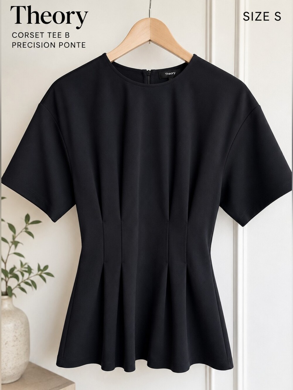 Theory Precision Ponte Corset Blouse Black Sculpted Peplum Top Size S
